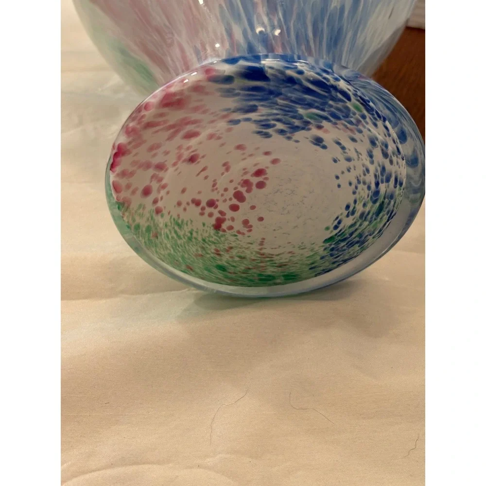 Arte Murano Glass Vase Ruffled Rim Confetti Blue Pink Green  11.75